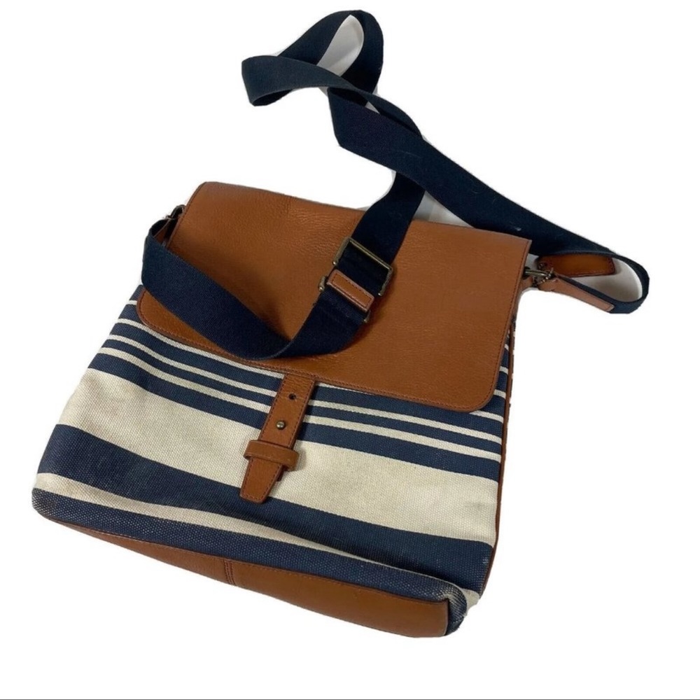 Coach Mens Heritage Vintage Stripe Crossbody Messenger Bag Blue Brown Leather